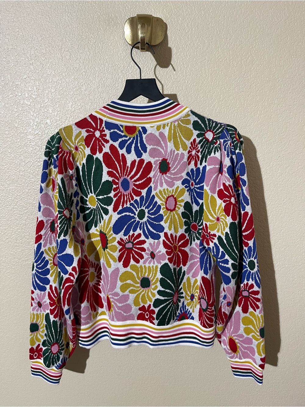 FARM Rio Multi-Color Floral Knit Cardigan with Striped Trim - Picture 2 of 6